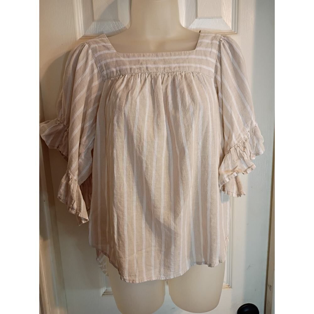Beach Lunch Lounge Top Cotton Linen Beige White Striped Sz S Cottagcore Beach